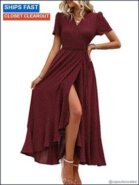 Boho Floral Maxi Dress with V-Neck Short Sleeve High Split Ruffle Trim Wrap Belt
